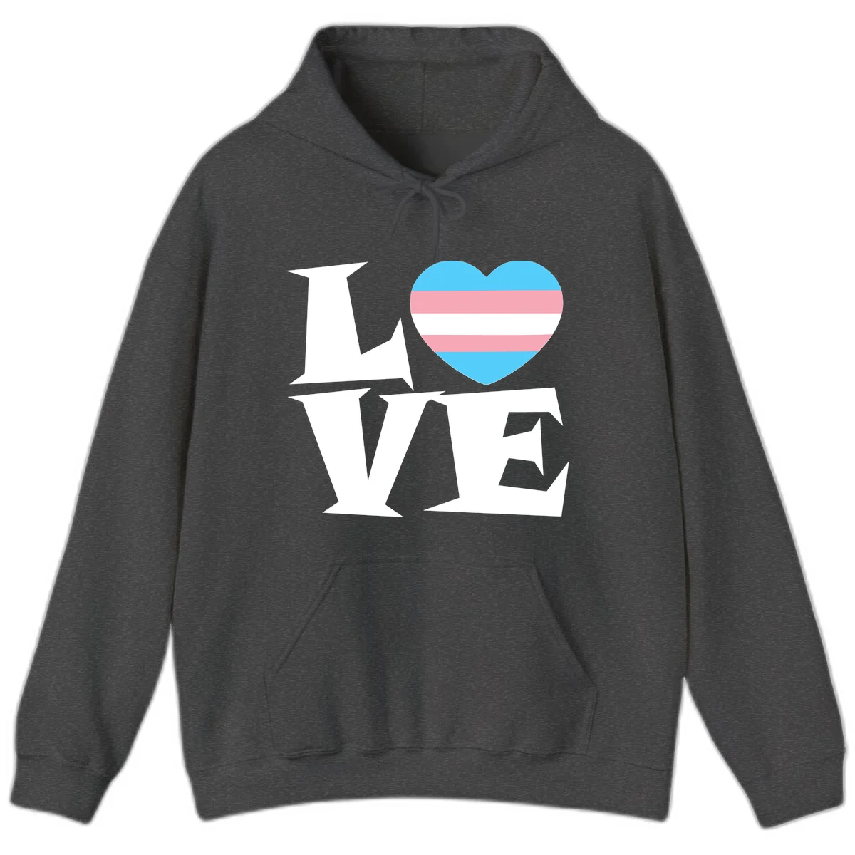 Trans pride heart with cyan, pink, and white stripes next to bold 'Love Wins' text on gray background in Dark Heather