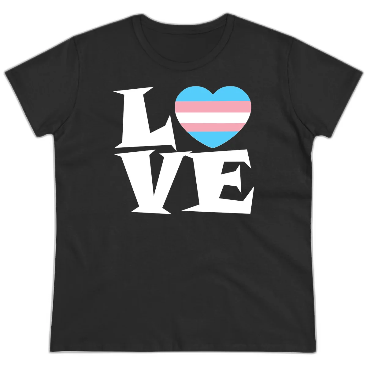 Trans pride heart with cyan, pink, and white stripes next to bold 'Love Wins' text on gray background in Black