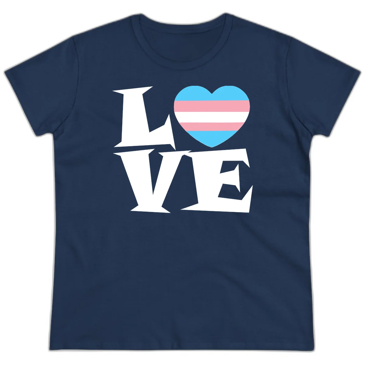 Trans pride heart with cyan, pink, and white stripes next to bold 'Love Wins' text on gray background in Navy