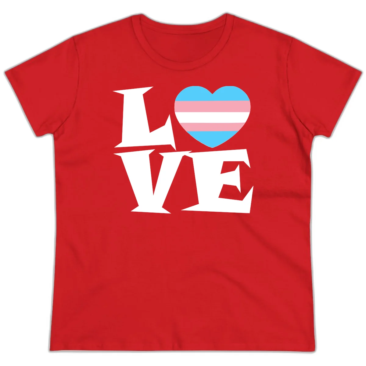 Trans pride heart with cyan, pink, and white stripes next to bold 'Love Wins' text on gray background in Red