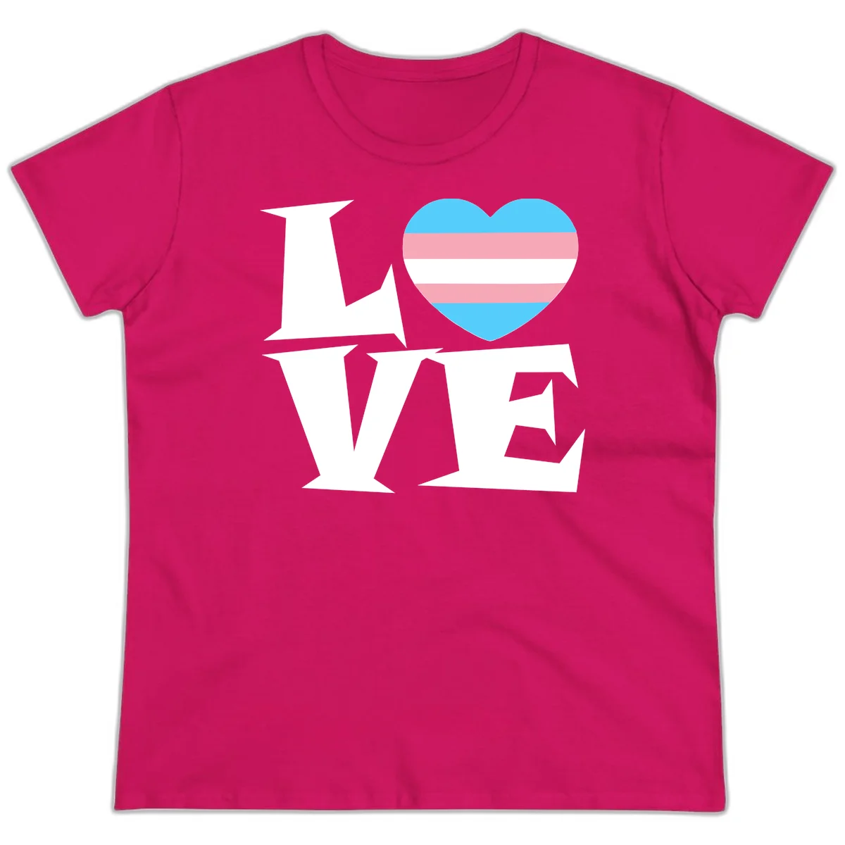 Trans pride heart with cyan, pink, and white stripes next to bold 'Love Wins' text on gray background in Heliconia