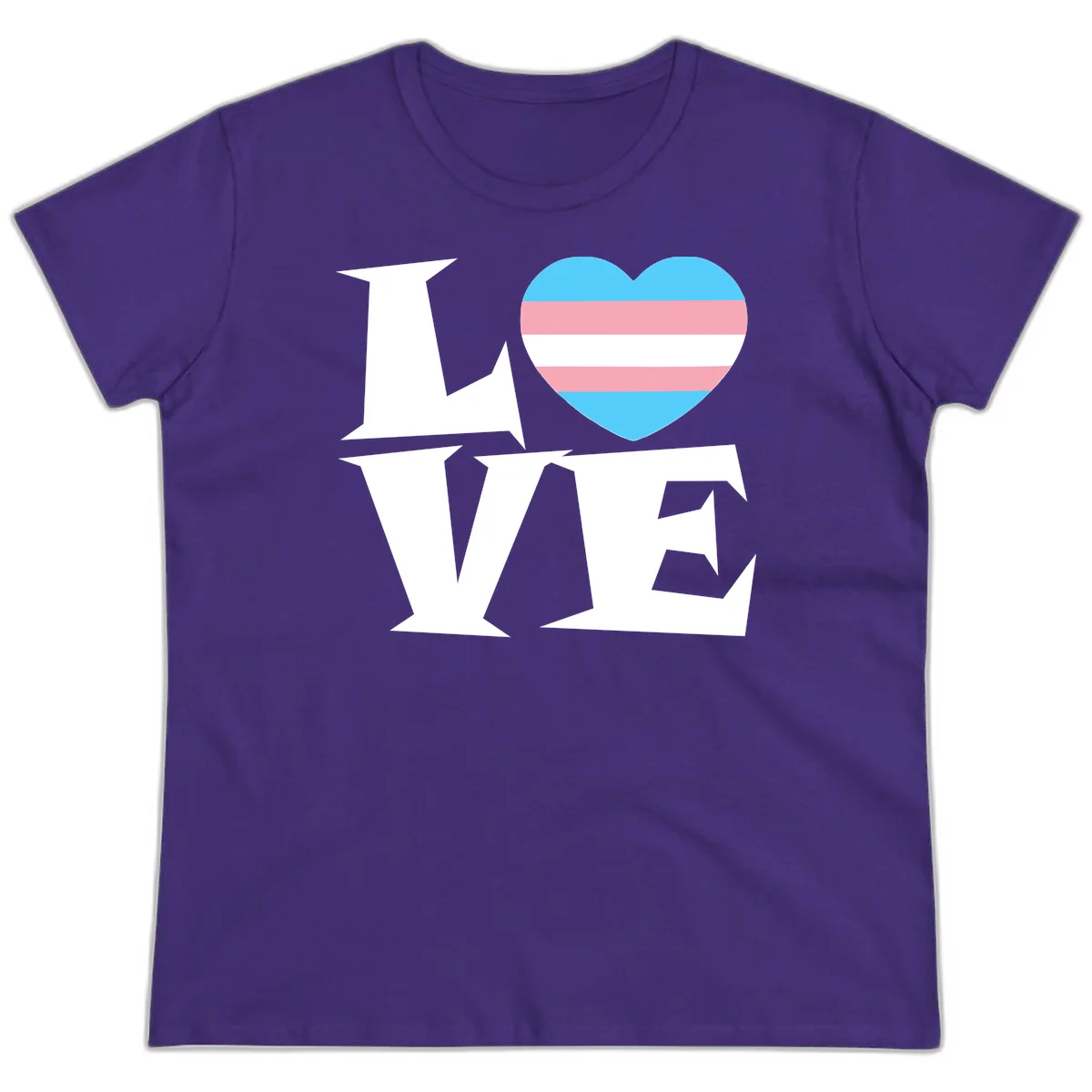 Trans pride heart with cyan, pink, and white stripes next to bold 'Love Wins' text on gray background in Purple