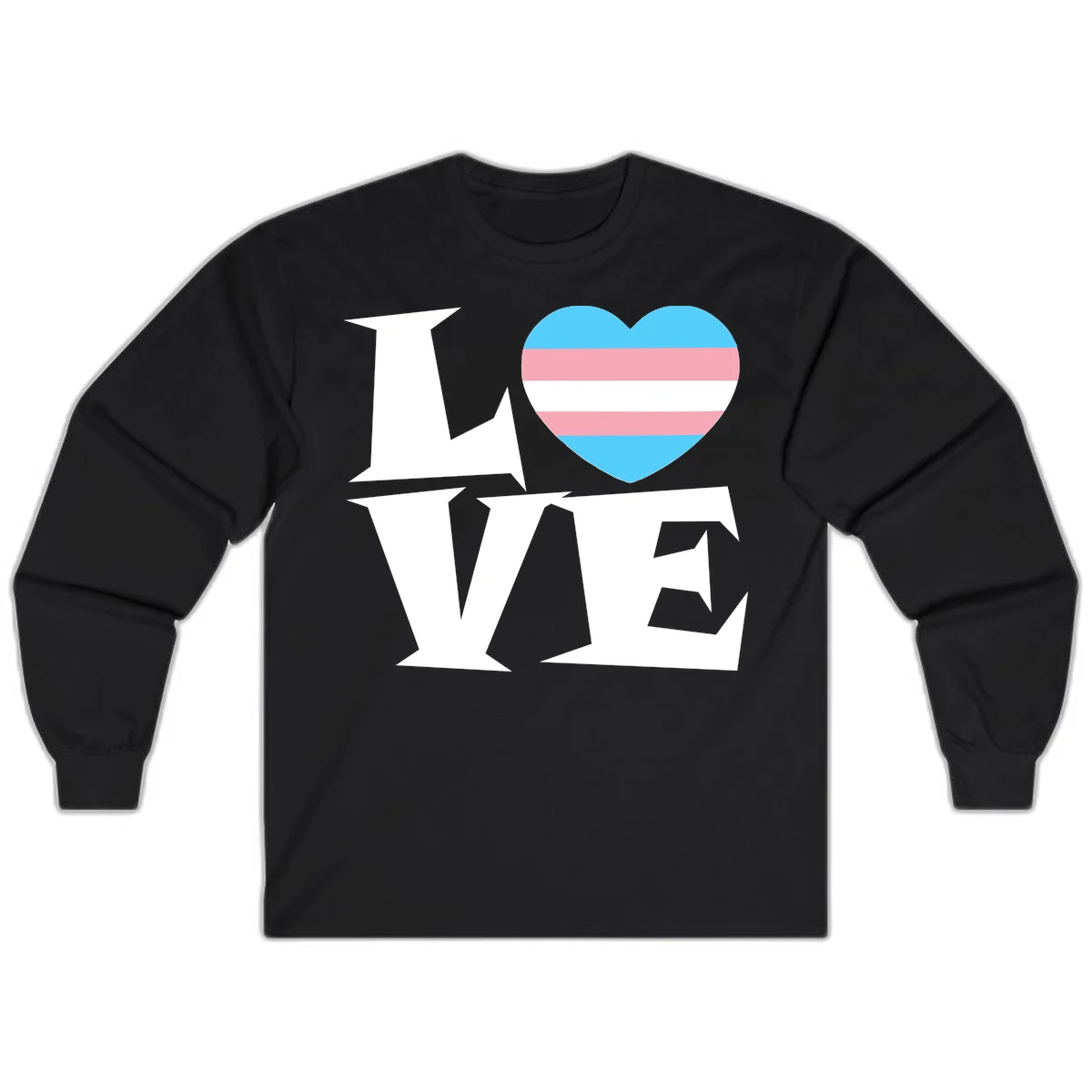Trans pride heart with cyan, pink, and white stripes next to bold 'Love Wins' text on gray background in Black