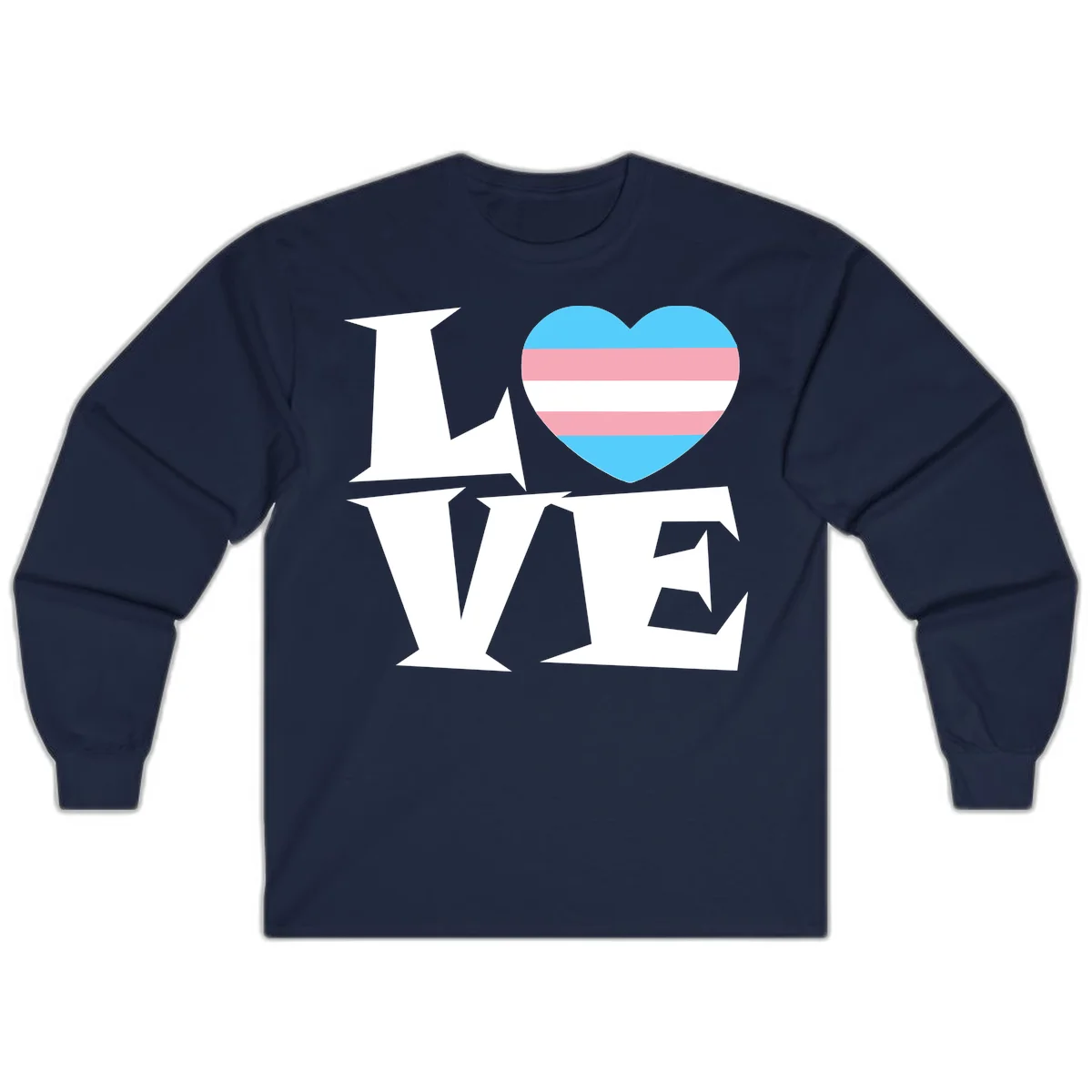 Trans pride heart with cyan, pink, and white stripes next to bold 'Love Wins' text on gray background in Navy