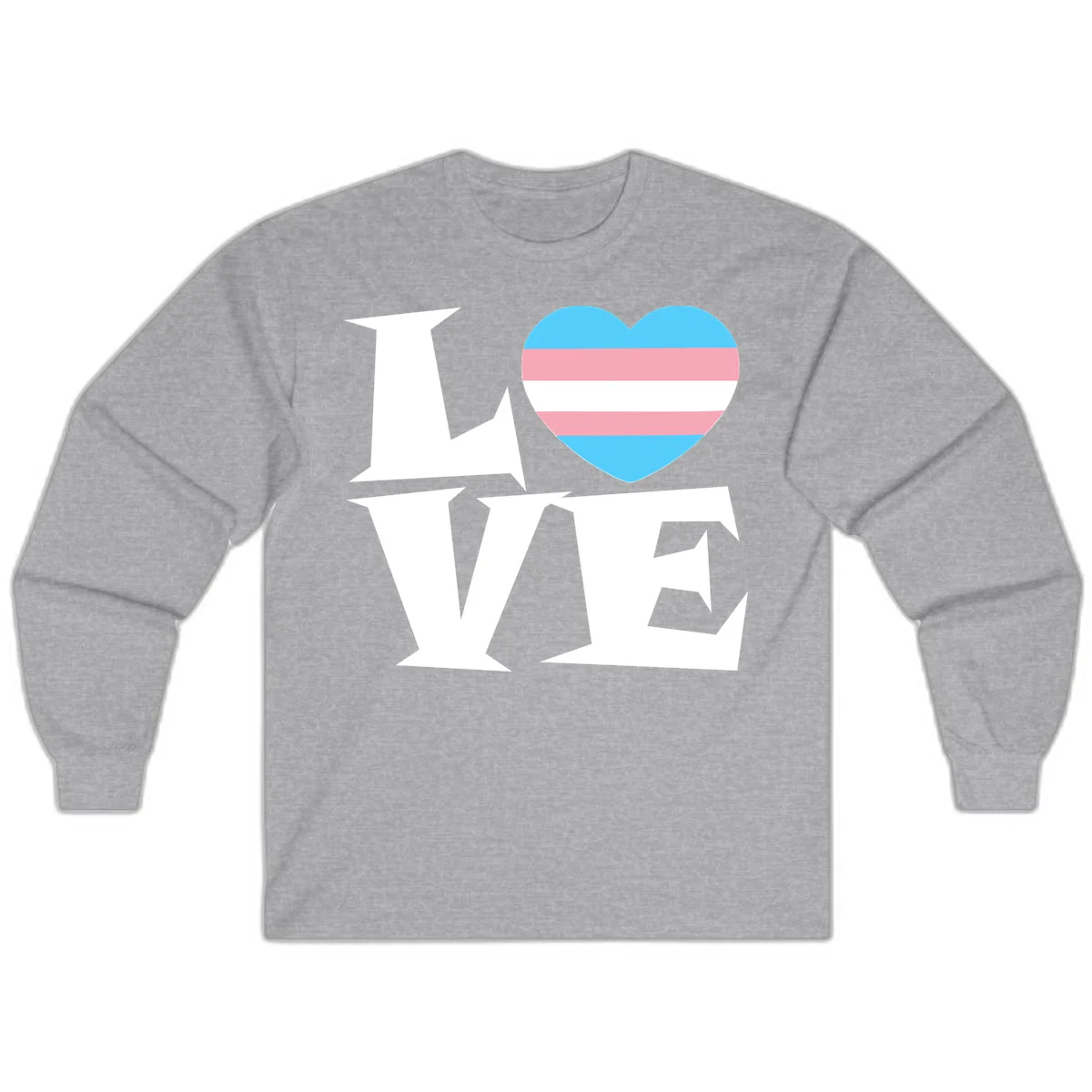 Trans pride heart with cyan, pink, and white stripes next to bold 'Love Wins' text on gray background in Sport Grey
