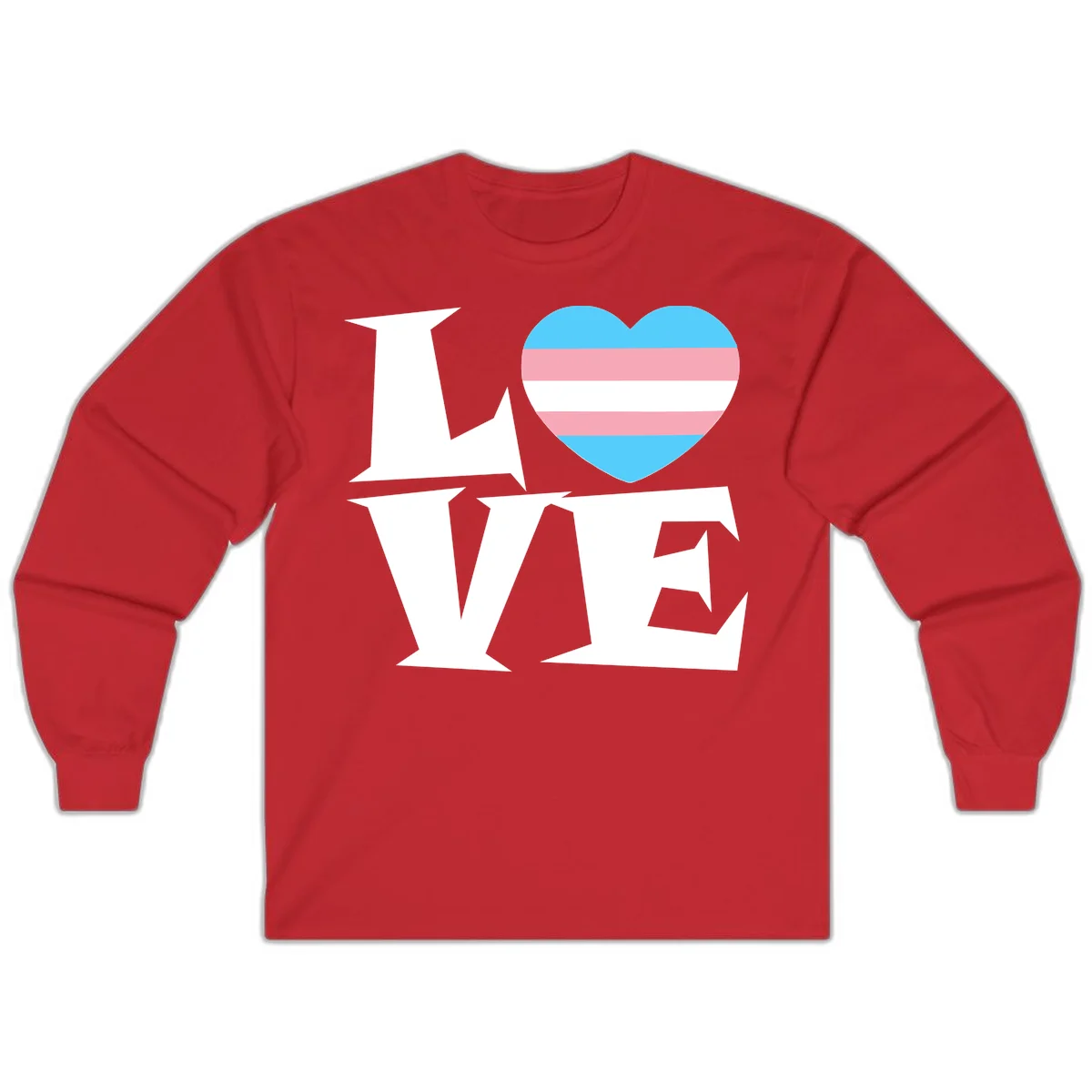 Trans pride heart with cyan, pink, and white stripes next to bold 'Love Wins' text on gray background in Red