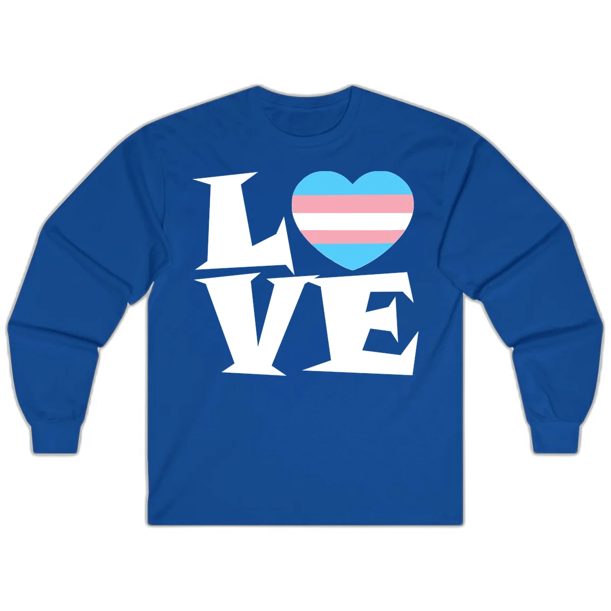 Trans pride heart with cyan, pink, and white stripes next to bold 'Love Wins' text on gray background in Royal