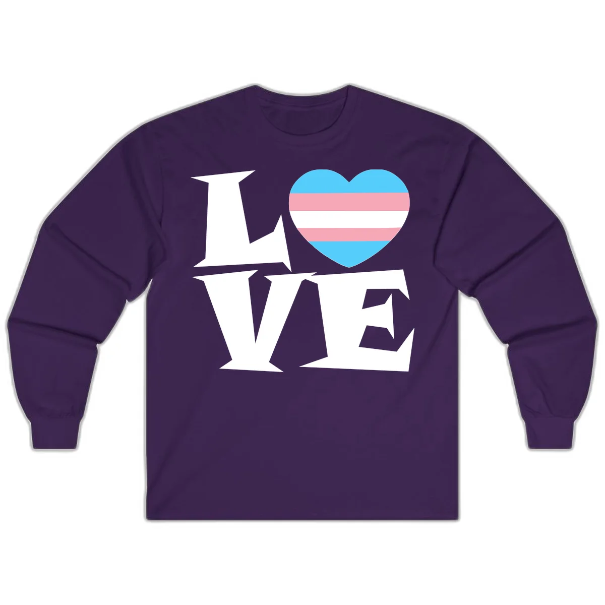 Trans pride heart with cyan, pink, and white stripes next to bold 'Love Wins' text on gray background in Purple