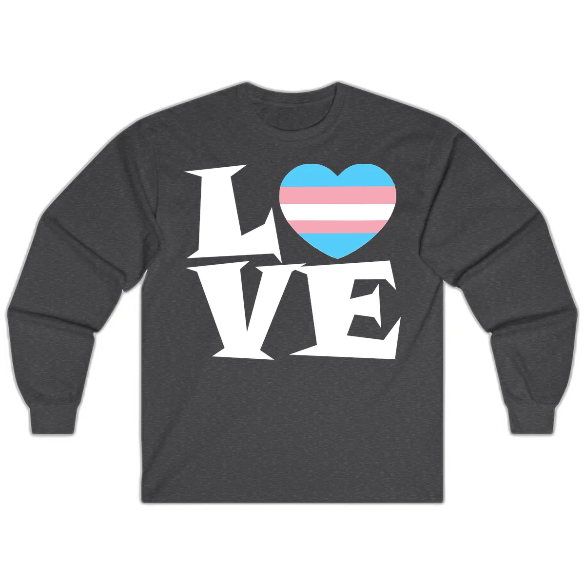 Trans pride heart with cyan, pink, and white stripes next to bold 'Love Wins' text on gray background in Dark Heather