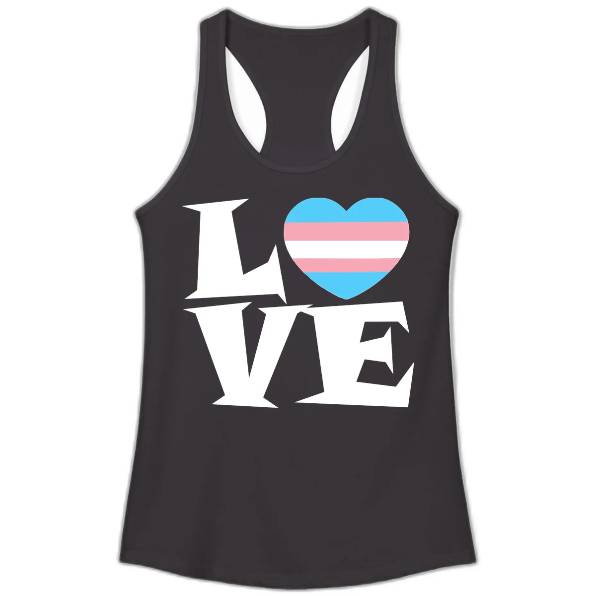 Trans pride heart with cyan, pink, and white stripes next to bold 'Love Wins' text on gray background in Black