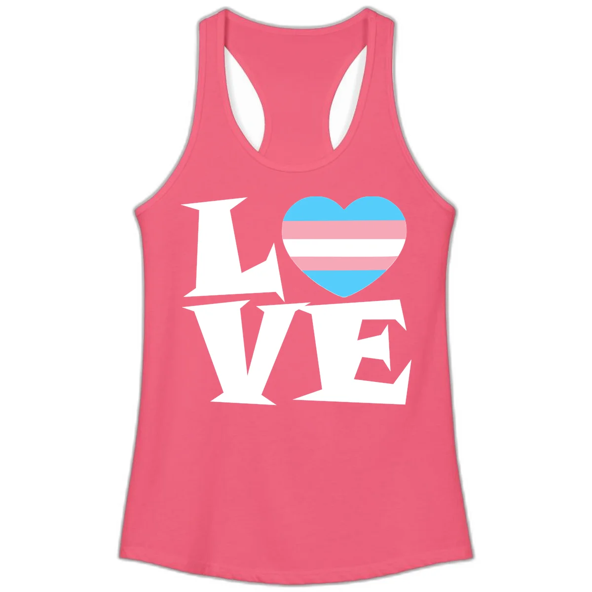 Trans pride heart with cyan, pink, and white stripes next to bold 'Love Wins' text on gray background in Hot Pink