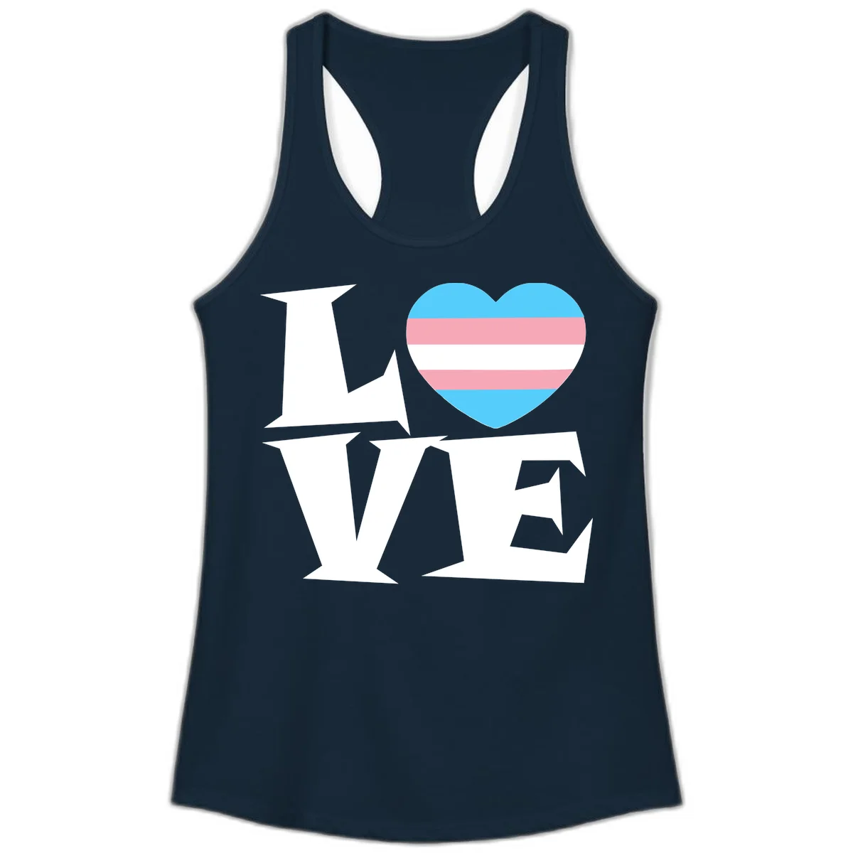 Trans pride heart with cyan, pink, and white stripes next to bold 'Love Wins' text on gray background in Solid Midnight Navy