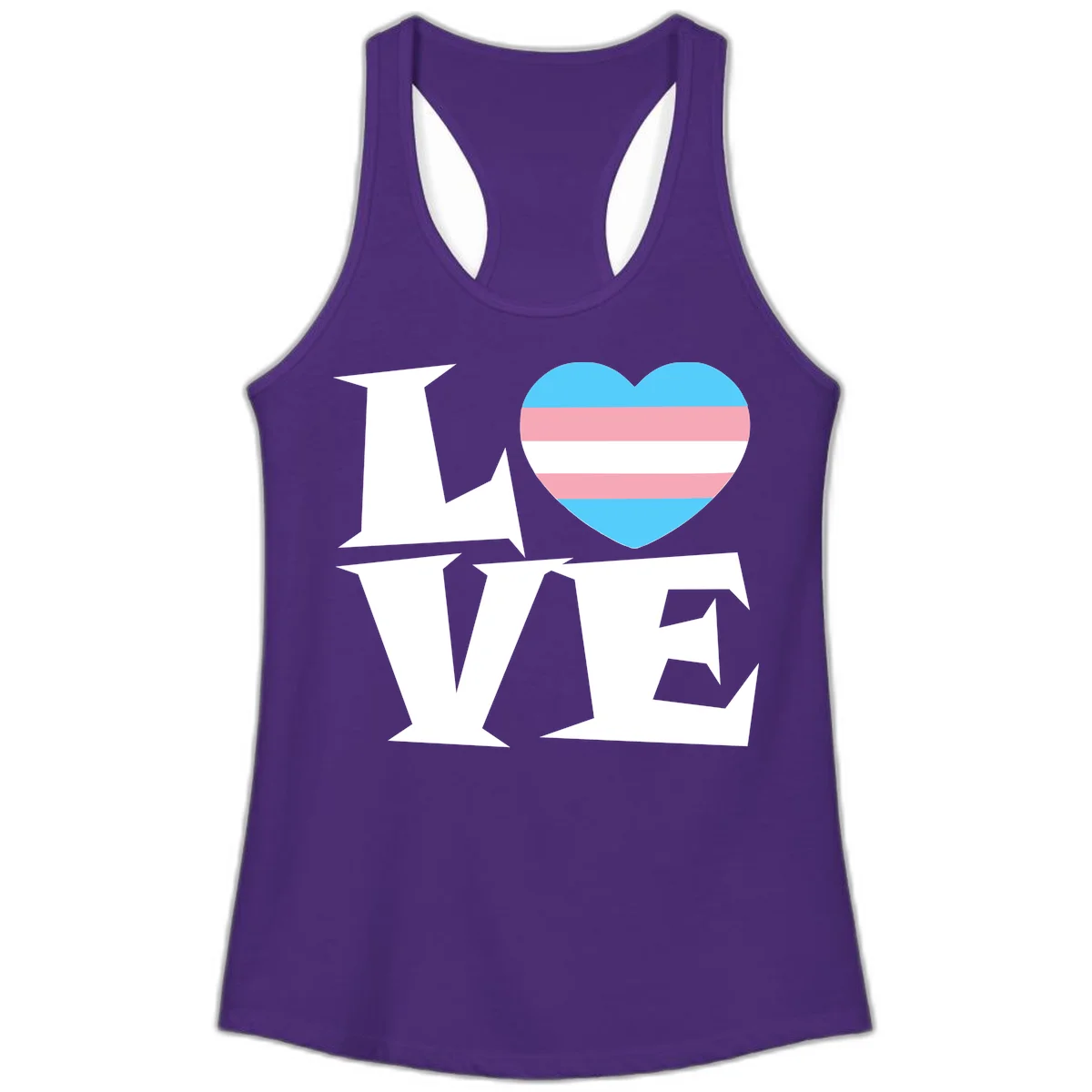Trans pride heart with cyan, pink, and white stripes next to bold 'Love Wins' text on gray background in Solid Purple Rush