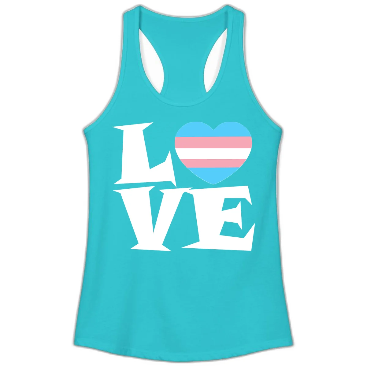Trans pride heart with cyan, pink, and white stripes next to bold 'Love Wins' text on gray background in Solid Tahiti Blue