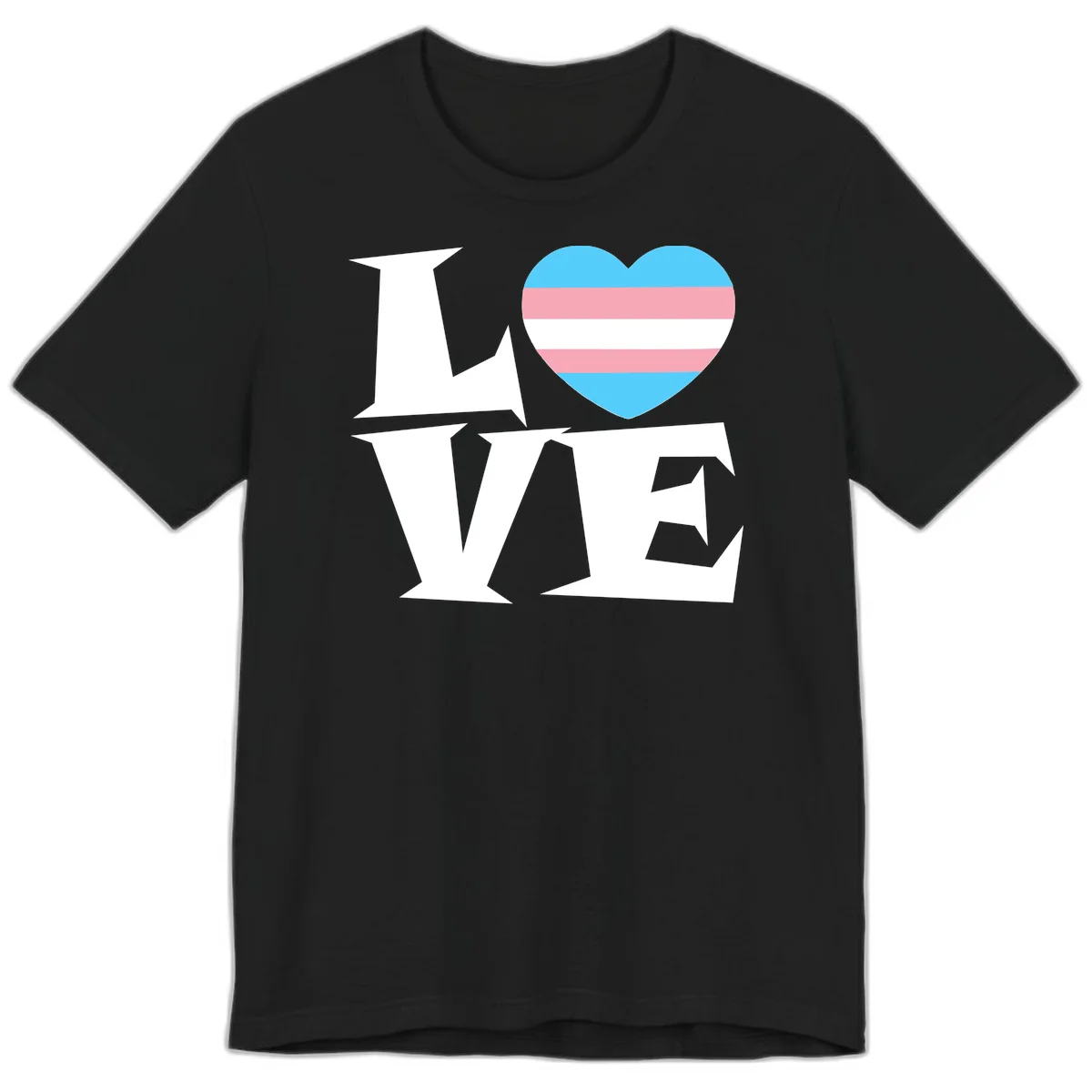 Trans pride heart with cyan, pink, and white stripes next to bold 'Love Wins' text on gray background in Black
