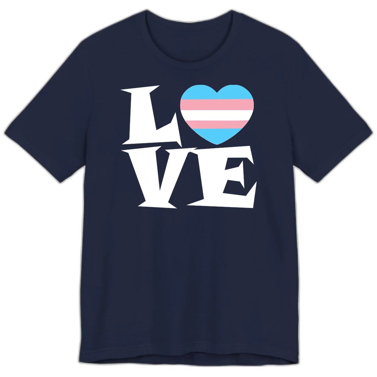 Trans pride heart with cyan, pink, and white stripes next to bold 'Love Wins' text on gray background in Navy