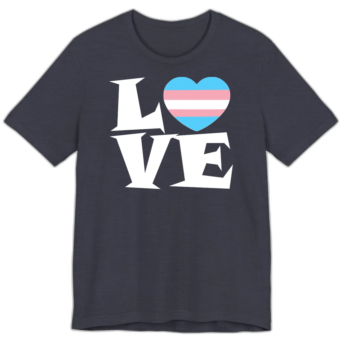 Trans pride heart with cyan, pink, and white stripes next to bold 'Love Wins' text on gray background in Heather Midnight Navy