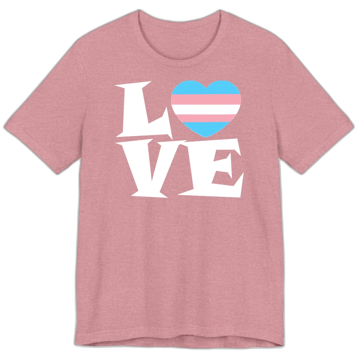 Trans pride heart with cyan, pink, and white stripes next to bold 'Love Wins' text on gray background in Heather Orchid