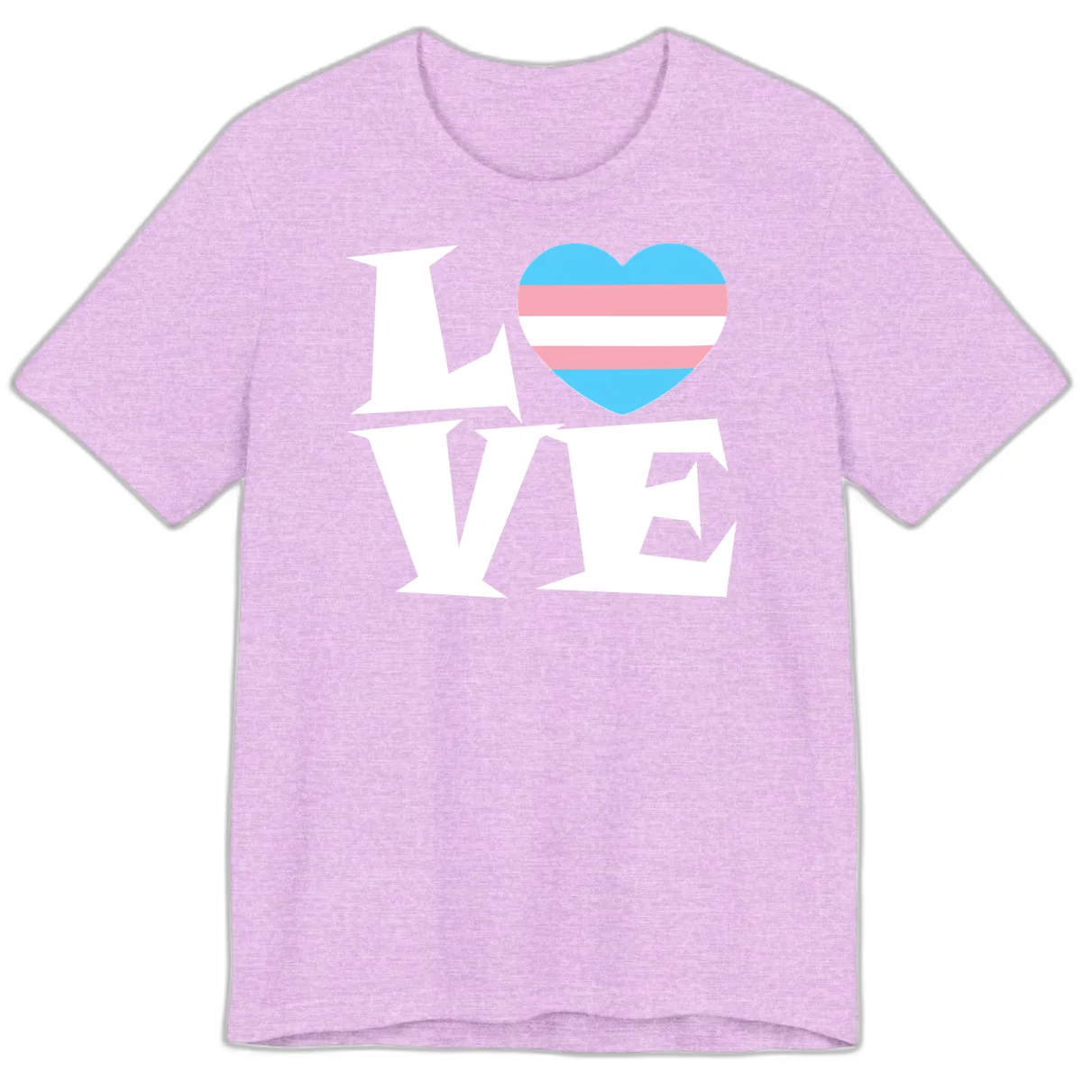 Trans pride heart with cyan, pink, and white stripes next to bold 'Love Wins' text on gray background in Heather Prism Lilac