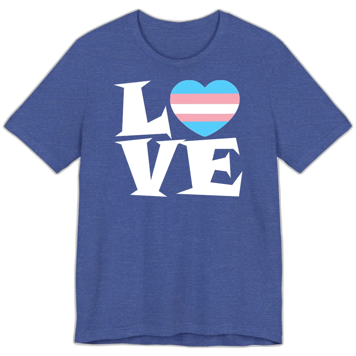 Trans pride heart with cyan, pink, and white stripes next to bold 'Love Wins' text on gray background in Heather True Royal