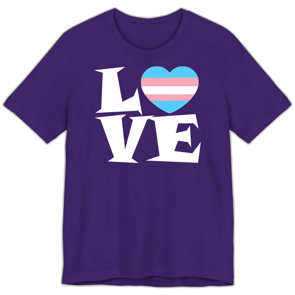Trans pride heart with cyan, pink, and white stripes next to bold 'Love Wins' text on gray background in Team Purple