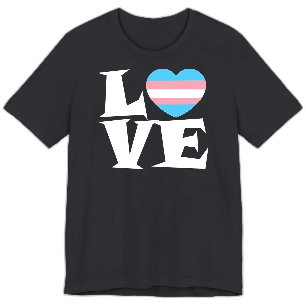 Trans pride heart with cyan, pink, and white stripes next to bold 'Love Wins' text on gray background in Vintage Black