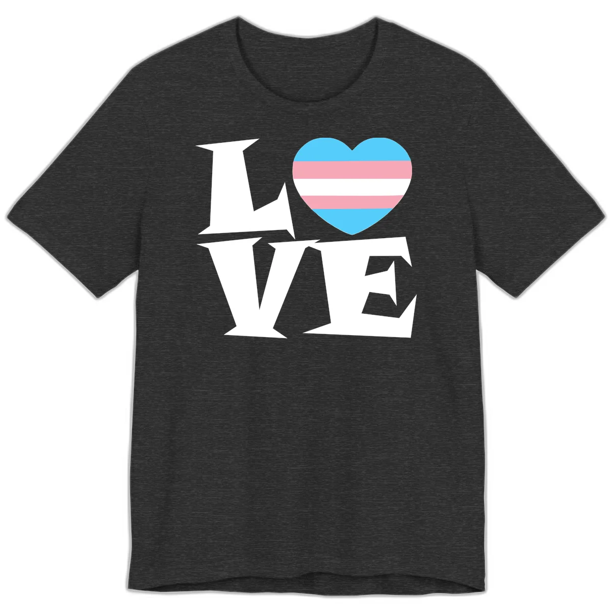 Trans pride heart with cyan, pink, and white stripes next to bold 'Love Wins' text on gray background in Dark Grey Heather