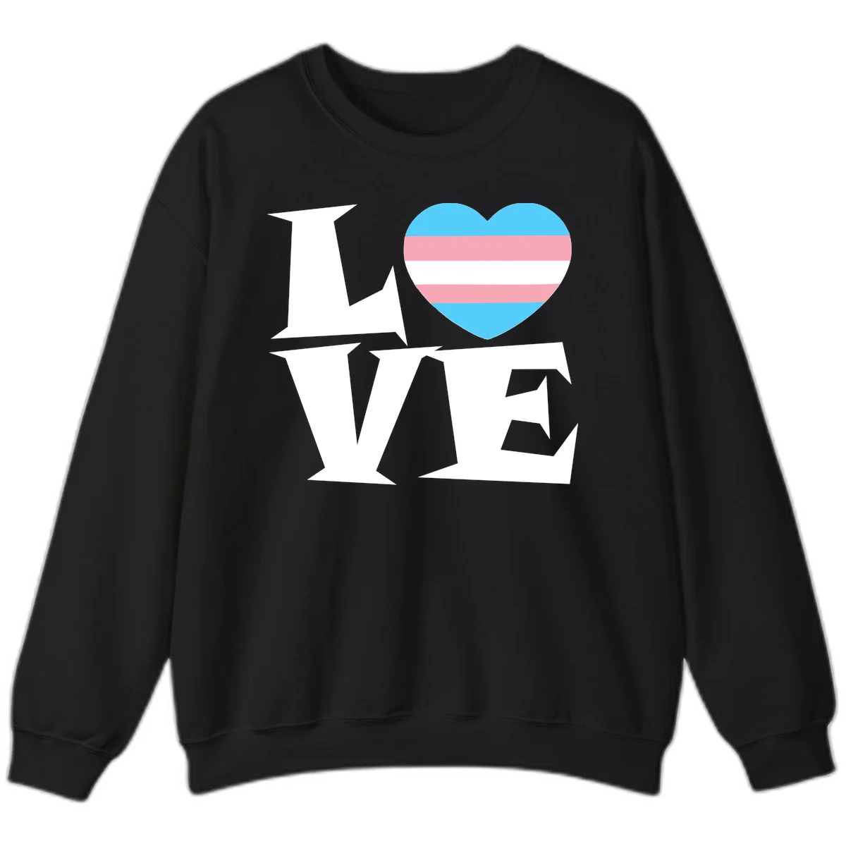 Trans pride heart with cyan, pink, and white stripes next to bold 'Love Wins' text on gray background in Black
