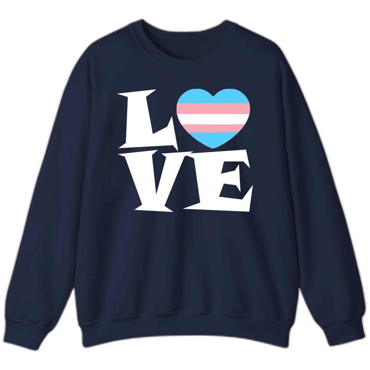 Trans pride heart with cyan, pink, and white stripes next to bold 'Love Wins' text on gray background in Navy
