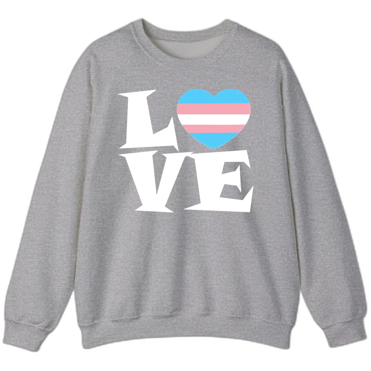 Trans pride heart with cyan, pink, and white stripes next to bold 'Love Wins' text on gray background in Sport Grey