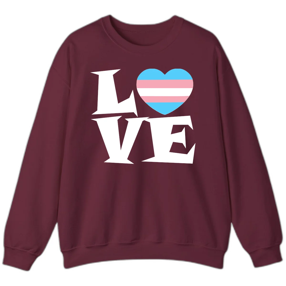 Trans pride heart with cyan, pink, and white stripes next to bold 'Love Wins' text on gray background in Maroon