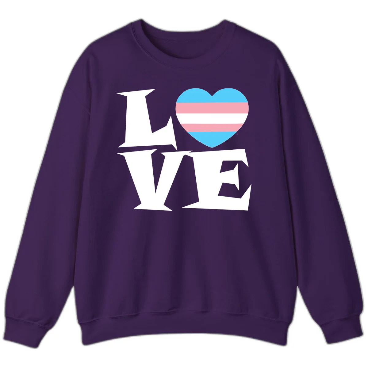 Trans pride heart with cyan, pink, and white stripes next to bold 'Love Wins' text on gray background in Purple