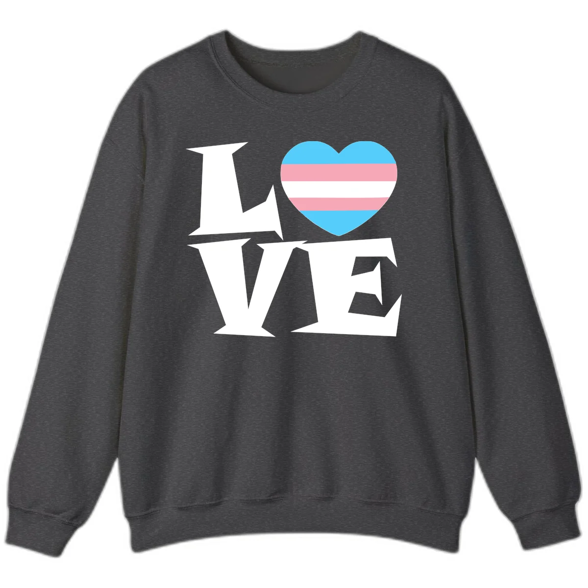 Trans pride heart with cyan, pink, and white stripes next to bold 'Love Wins' text on gray background in Dark Heather