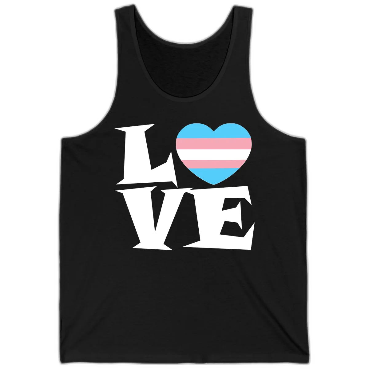 Trans pride heart with cyan, pink, and white stripes next to bold 'Love Wins' text on gray background in Black