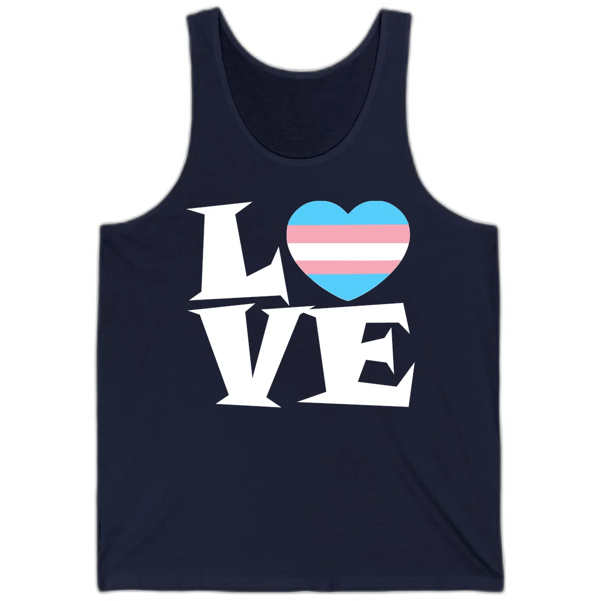 Trans pride heart with cyan, pink, and white stripes next to bold 'Love Wins' text on gray background in Navy