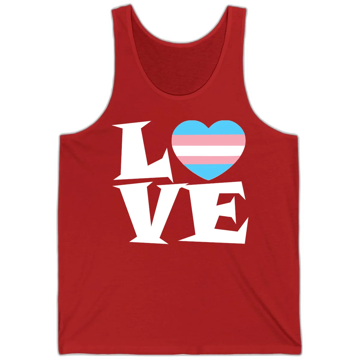 Trans pride heart with cyan, pink, and white stripes next to bold 'Love Wins' text on gray background in Red
