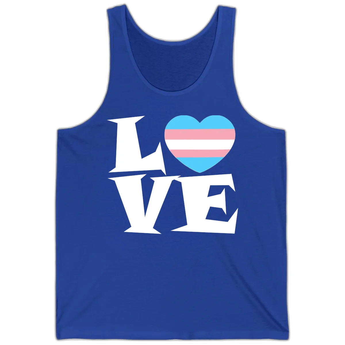 Trans pride heart with cyan, pink, and white stripes next to bold 'Love Wins' text on gray background in True Royal