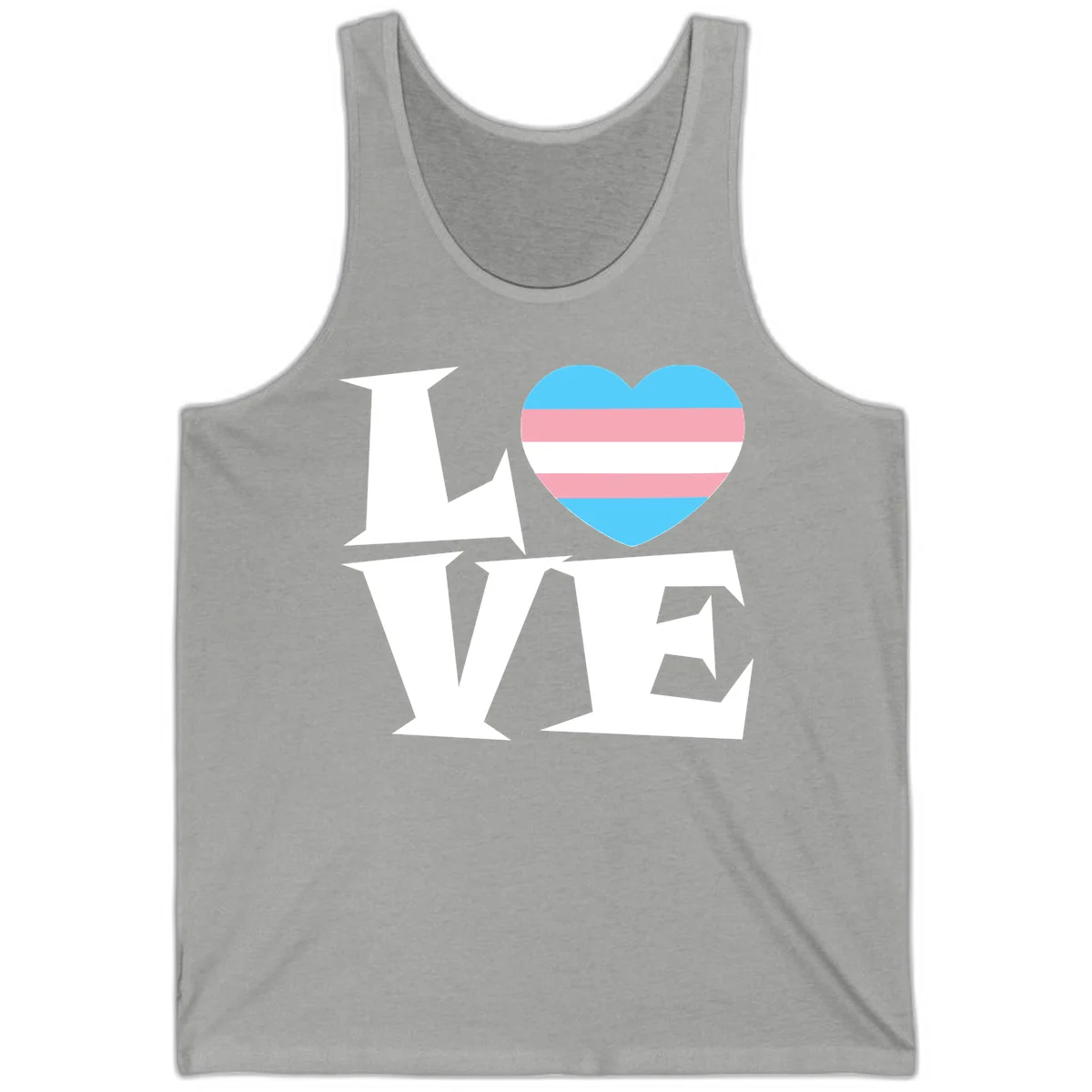 Trans pride heart with cyan, pink, and white stripes next to bold 'Love Wins' text on gray background in Athletic Heather