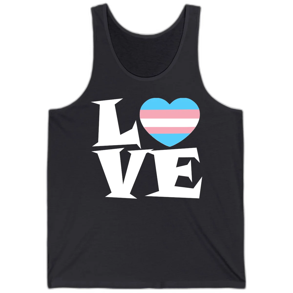 Trans pride heart with cyan, pink, and white stripes next to bold 'Love Wins' text on gray background in Dark Grey