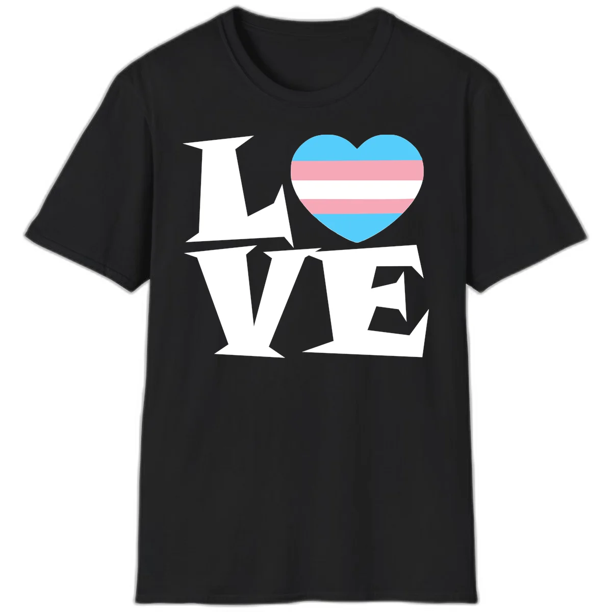 Trans pride heart with cyan, pink, and white stripes next to bold 'Love Wins' text on gray background in Black