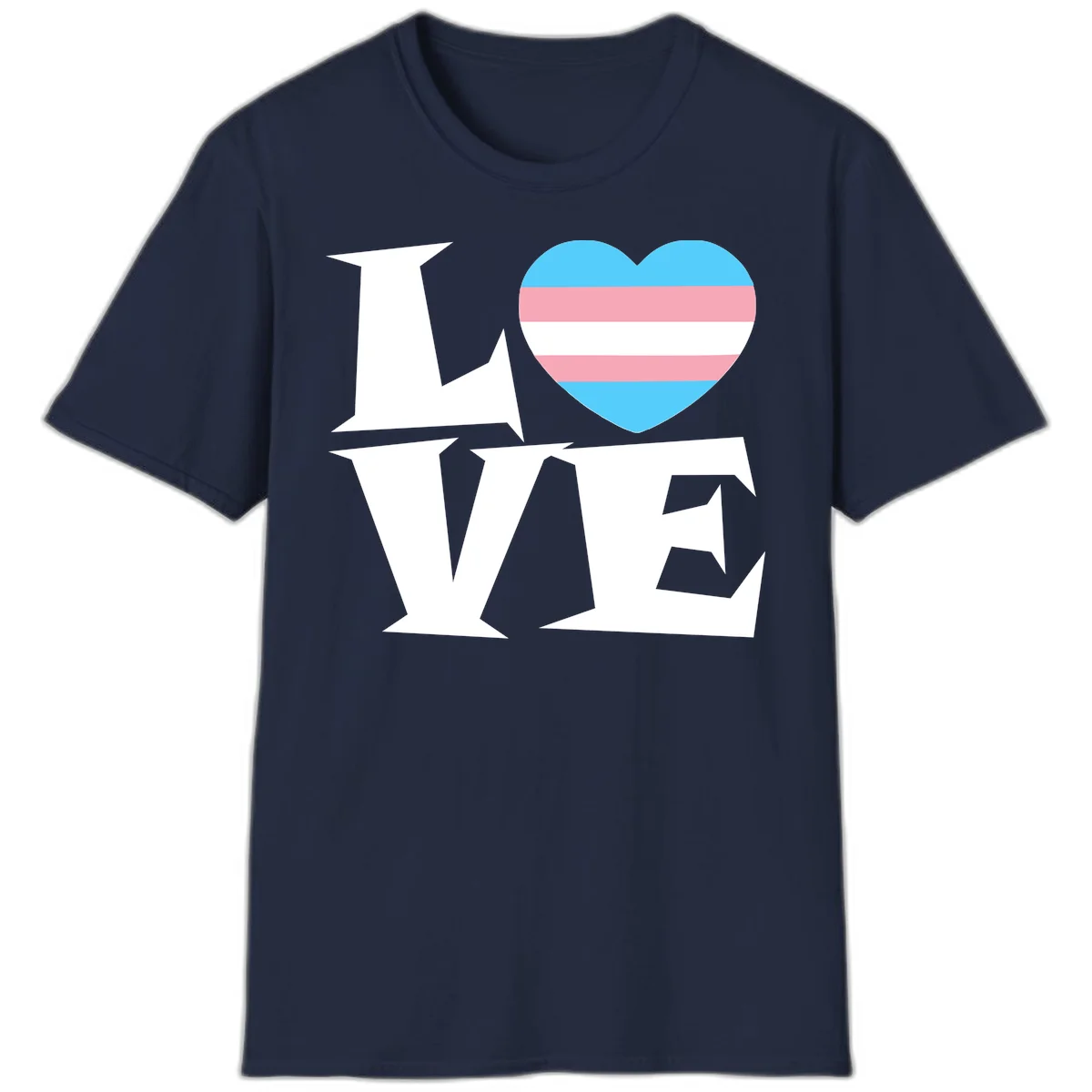 Trans pride heart with cyan, pink, and white stripes next to bold 'Love Wins' text on gray background in Navy