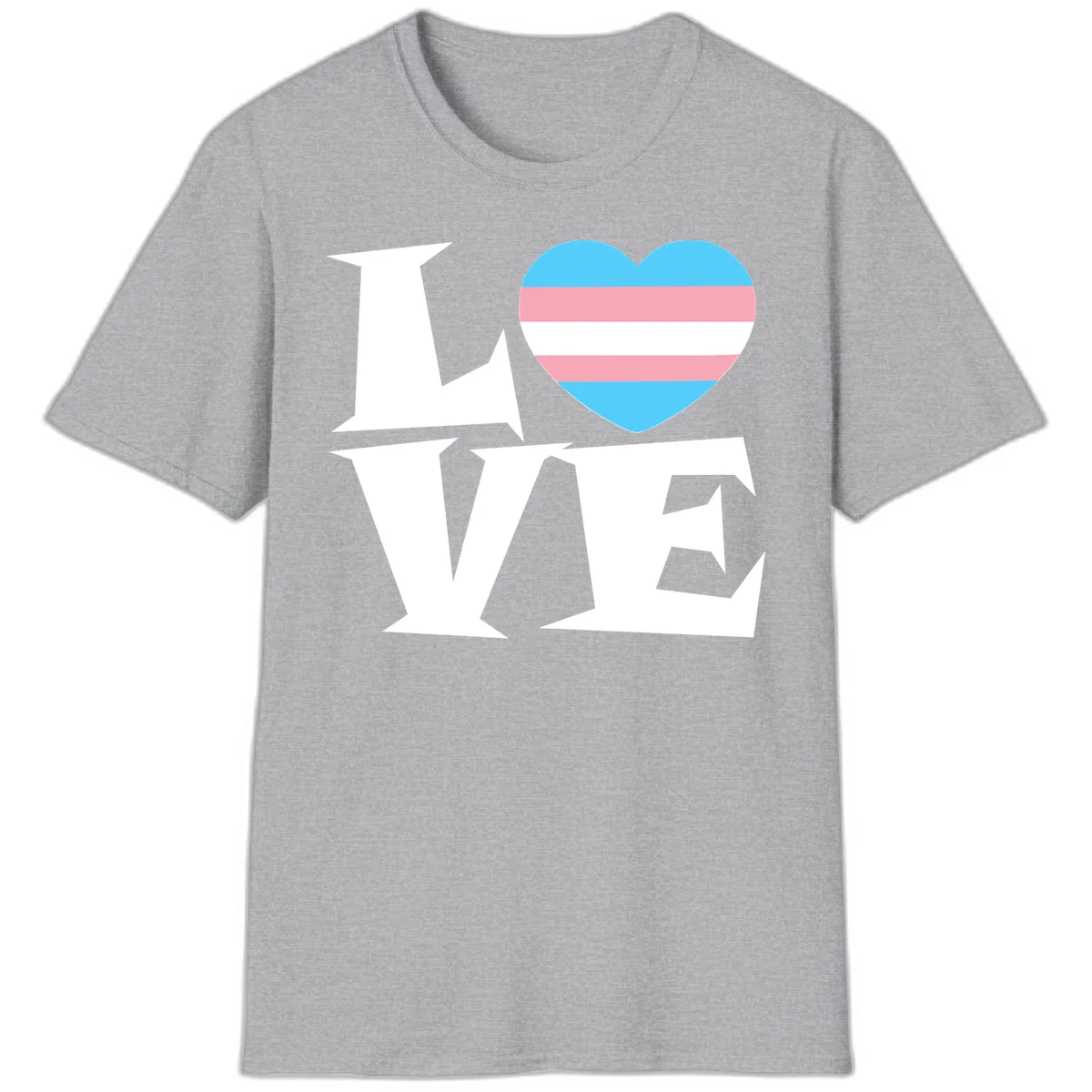 Trans pride heart with cyan, pink, and white stripes next to bold 'Love Wins' text on gray background in Sport Grey