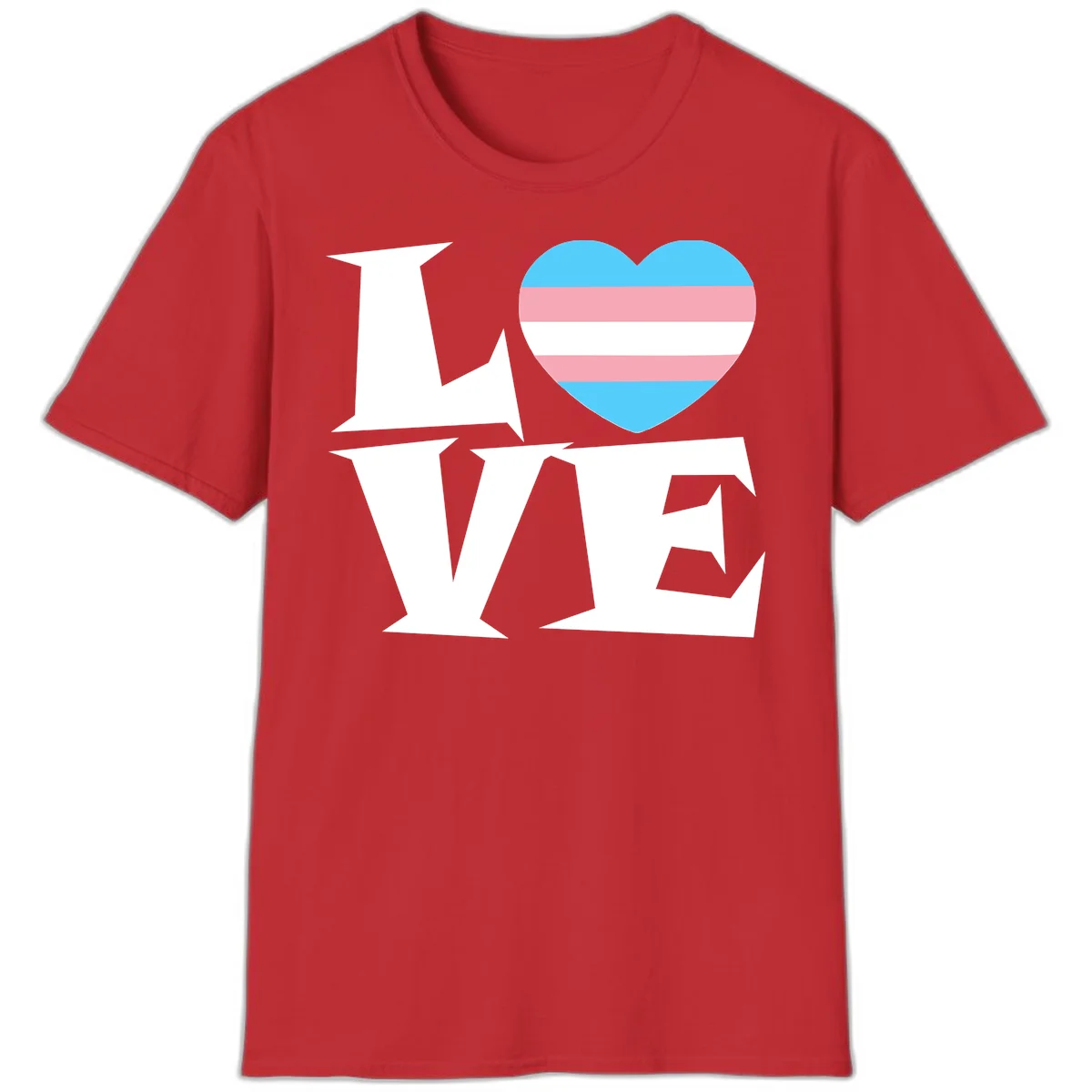 Trans pride heart with cyan, pink, and white stripes next to bold 'Love Wins' text on gray background in Red