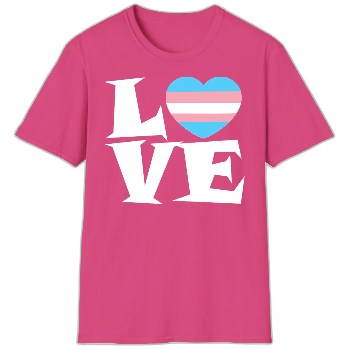 Trans pride heart with cyan, pink, and white stripes next to bold 'Love Wins' text on gray background in Heliconia