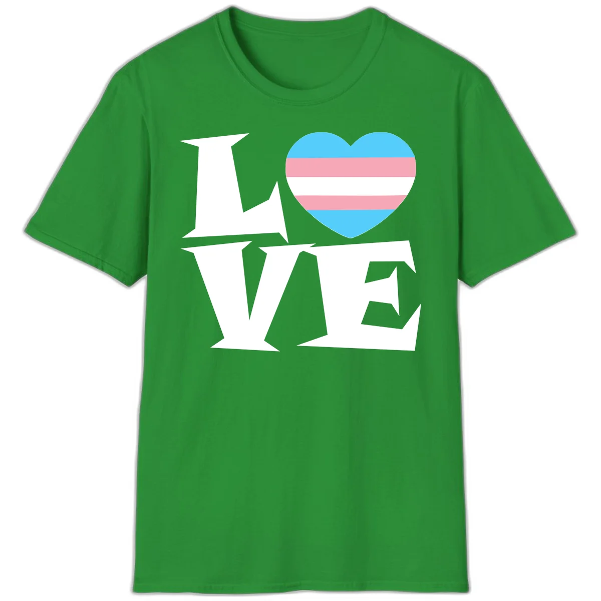 Trans pride heart with cyan, pink, and white stripes next to bold 'Love Wins' text on gray background in Irish Green