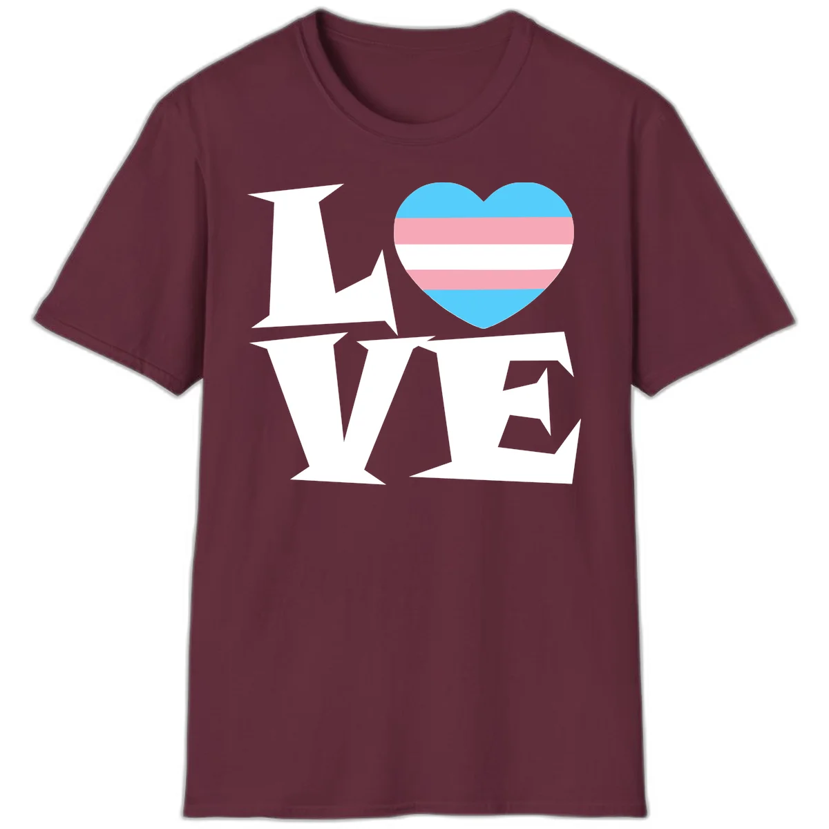 Trans pride heart with cyan, pink, and white stripes next to bold 'Love Wins' text on gray background in Maroon