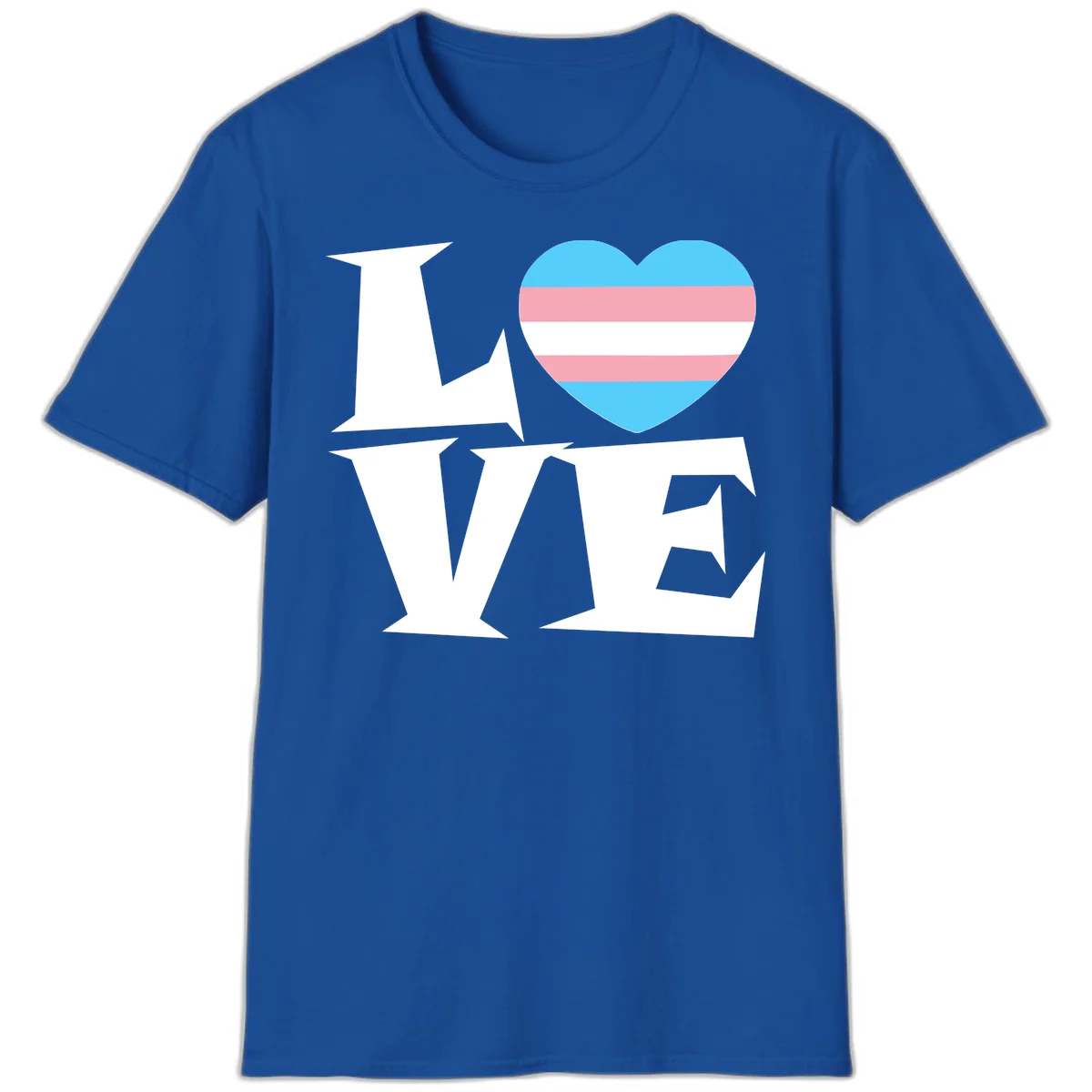 Trans pride heart with cyan, pink, and white stripes next to bold 'Love Wins' text on gray background in Royal