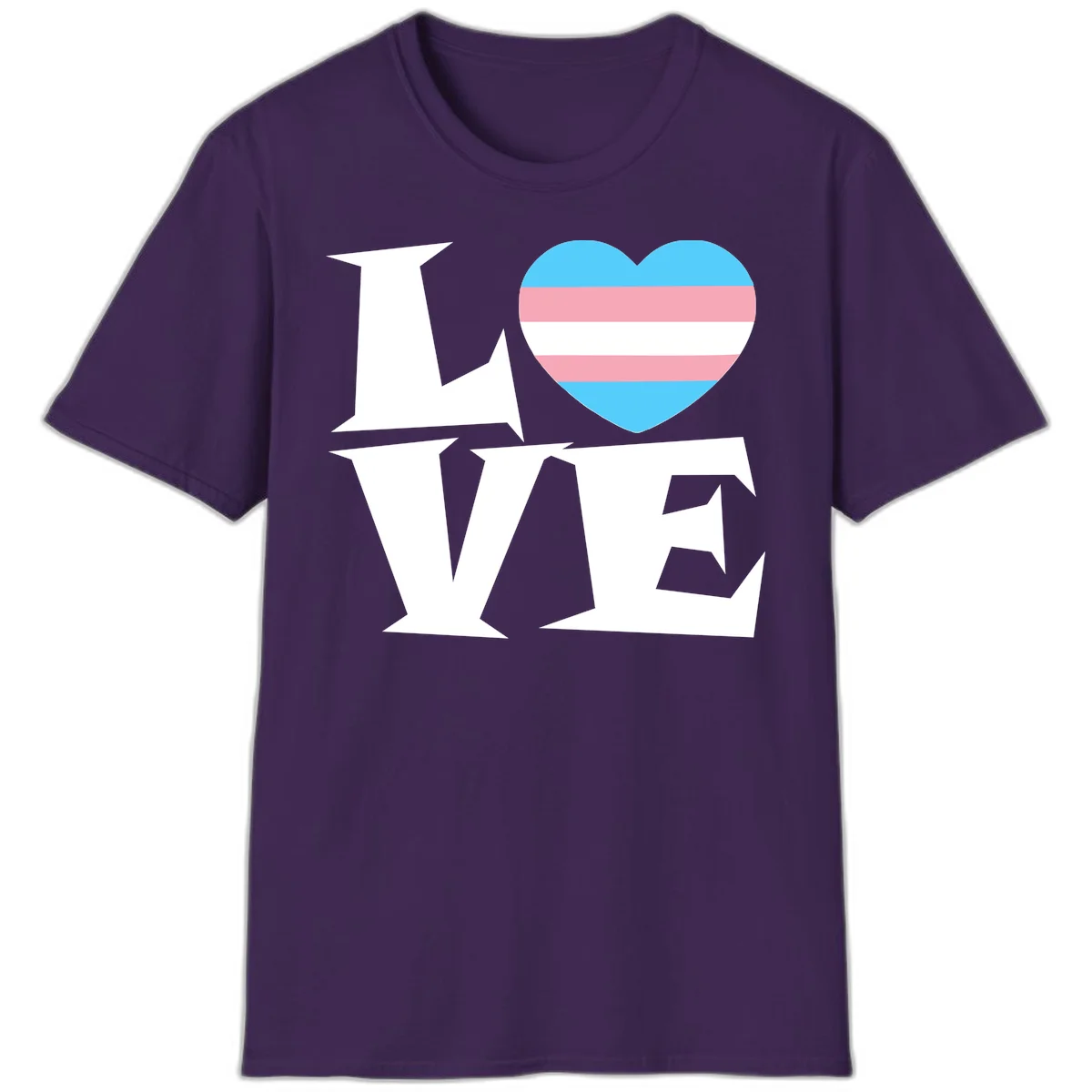 Trans pride heart with cyan, pink, and white stripes next to bold 'Love Wins' text on gray background in Purple