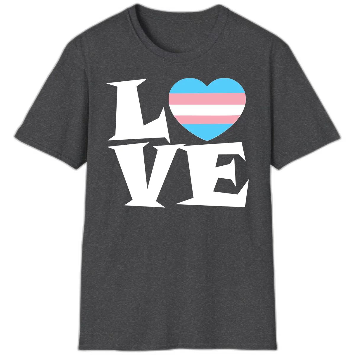 Trans pride heart with cyan, pink, and white stripes next to bold 'Love Wins' text on gray background in Dark Heather