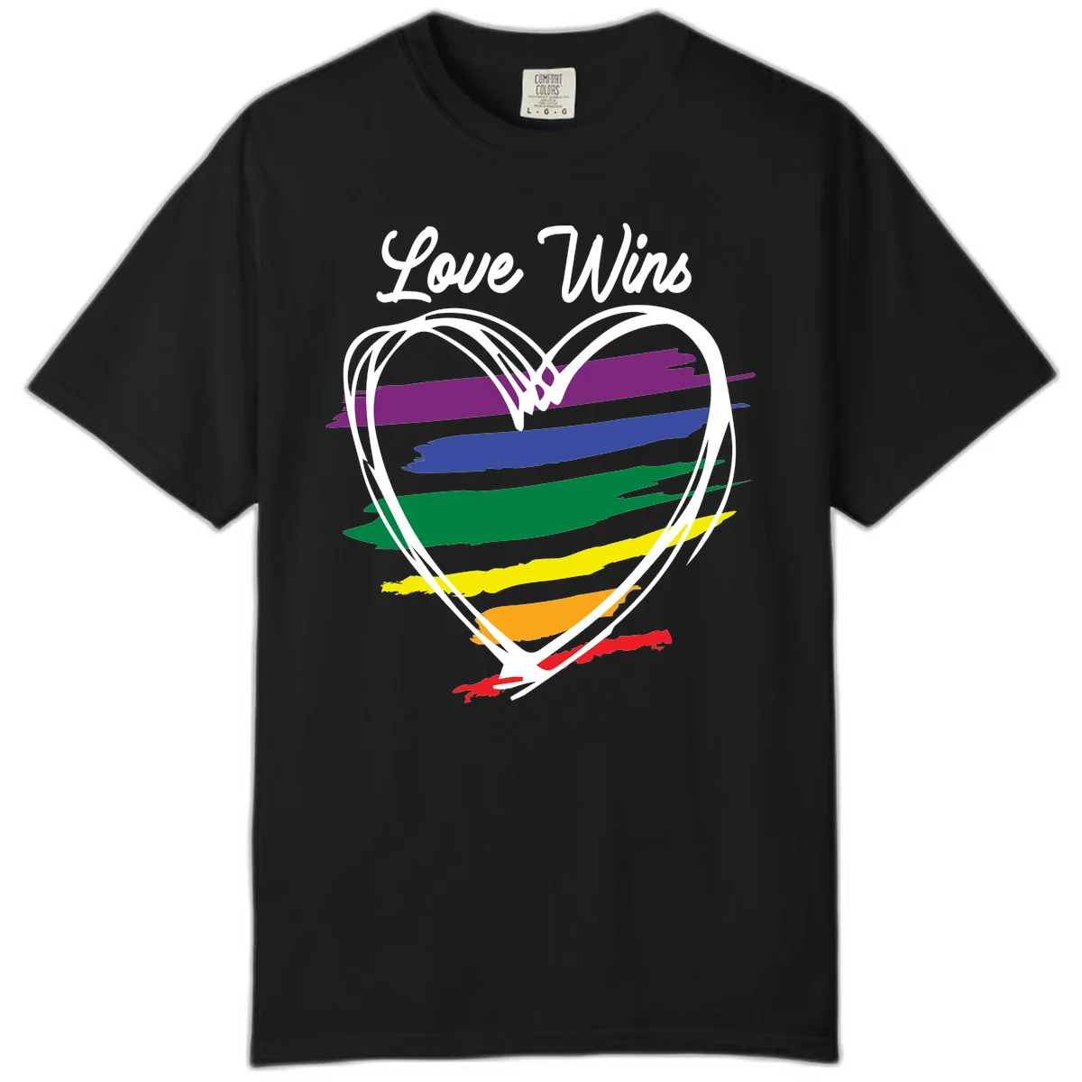 Hand-drawn white heart outline filled with rainbow horizontal stripes in purple, blue, green, yellow, orange, and red with 'Love Wins' text above in Black